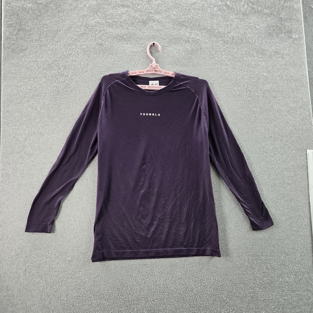 Youngla Men Shirt M Purple Logo Text Activewear Slim Long Sleeve